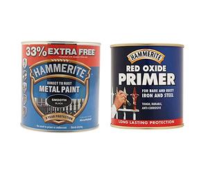 Hammerite 5158235 Metal Paint, Smooth Black, 1L & 5092844 Red Oxide Primer 500ml
