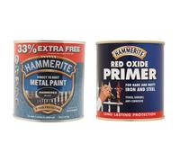 Hammerite 5158237 Metal Paint - Hammered Black, 1 L & 5092844 Red Oxide Primer 500ml