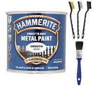 Hammerite Direct to Rust Metal Paint White 250ml - Bundle with 2” Paint Brush & 3x Bristle Brushes - Smooth Finish, Anti-Rust Protection for Gates, Railings, Radiators, Pipes & More