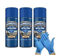 Hammerite Direct to Rust Metal Spray Paint Smooth Blue 400ml Tripple Pack + Free Nitrile Gloves | Fast-Drying Aerosol, Durable Rust Protection for Indoor & Outdoor Metal