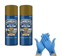 Hammerite Direct to Rust Metal Spray Paint Smooth Gold 400ml Twin Pack + Free Nitrile Gloves | Fast-Drying Aerosol, Durable Rust Protection for Indoor & Outdoor Metal