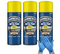 Hammerite Direct to Rust Metal Spray Paint Smooth Yellow 400ml Tripple Pack + Free Nitrile Gloves | Fast-Drying Aerosol, Durable Rust Protection for Indoor & Outdoor Metal