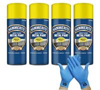 Hammerite Direct to Rust Metal Spray Paint Smooth Yellow 4X 400ml + Free Nitrile Gloves | Fast-Drying Aerosol, Durable Rust Protection for Indoor & Outdoor Metal