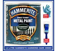 Hammerite HAMMERED DARK GREEN Direct Metal Paint 2.5L + FREE 2" BRUSH & GLOVES