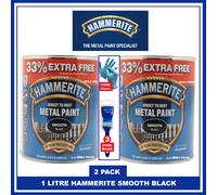 Hammerite Smooth Black Metal Direct To Rust Paint - 1 LITRE + FREE 2" BRUSH