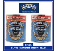 Hammerite SMOOTH BLACK Metal Direct Rust Paint 1 LITRE X 2