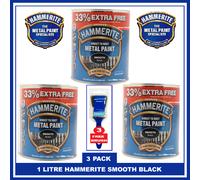 Hammerite SMOOTH BLACK Metal Direct Rust Paint 1 LITRE X 3 + 3 SET BRUSHES