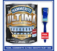 Hammerite Ultima SMOOTH RUBY RED 750ML Metal Paint + FREE BRUSH & GLOVES