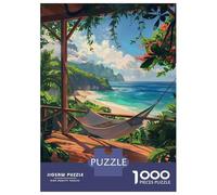 Hammock by The Ocean Jigsaw Puzzle 1000 Pieces, Old Europe Travel Artwork, Thick Cardboard Pieces, for Home Décor Fans, Gift Idea, 38x26cm/1000pcs
