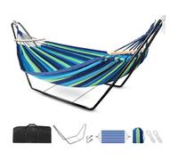 Hammock with Stand, Double Cotton Hammock with Adjustable Steel Frame & Spreader Bar for Garden/Backyard/Travel, Includes Carry Bag, 2 Hooks & Ropes, Easy Assembly - Blue