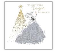 Hammond Gower Christmas Card for Daughter - Elegant Party Dress and Tree Design - Handfinished with Diamante Gems and Foil Finish - Festive Christmas Greeting Card for a Very Special Daughter