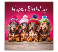 Hammond Gower Female Birthday Card - Happy Birthday Card for Women or Girls with Cute Dachshund Puppies in Hats Design and Gem Embellishments