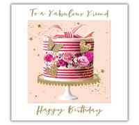 Hammond Gower Friend Birthday Card - Luxury Design with Pretty Floral Cake Illustration - To a Fabulous Friend - Special Finish with Gem Embellishments - Happy Birthday Card for Her