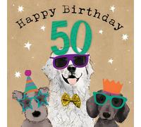 Hammond Gower Male 50th Birthday Card - Happy Birthday Card for Men Age 50 with Artistic Dog Party Design and Gem Embellishments