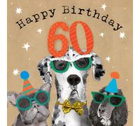 Hammond Gower Male 60th Birthday Card - Happy Birthday Card for Men Age 60 with Artistic Dog Party Design and Gem Embellishments