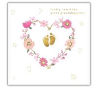 Hammond Gower New Baby Great Granddaughter Card - Pretty Floral Heart and Footprints Design - Handfinished with Diamante Gems - Foil Finish - New Baby Congratulations Card