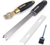 HAMOER Zester Grater & Channel Knife Kitchen Bar Tool Set for Parmesan Cheese Lemon Garlic Nutmeg Chocolate Citrus Cucumber Radish Ginger Crushed Scraping Rubber Ergonomic Curved Handle Black