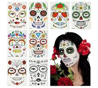 HAMOOM 8 Pack Halloween Face Temporary Tattoos Sugar Skull Floral Skeleton Web Red Roses Face Stickers Day of the Dead Make Up Stickers for Masquerade Carnival Cosplay Party