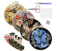 Hamosky Butterfly Embroidery Kit for Beginners, 20cm Wooden Hoop Set with 4 Floral Patterns, Complete DIY Hand Stitching Starter Package with Scissors, Thread, Fabric