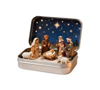 Hamosky Mini Christmas Nativity Scene Set in Decorative Tin Box, Resin Figurines with Starry Night Background, 9.5x6cm Holiday Display, Indoor Collectible Manger Scene