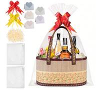 Hamper Baskets for Gifts Empty - Large Woven Bamboo Gift Basket Hamper Kit with 5 Morandi Heart Cards and Raffia, Empty Gift Basket for Christmas Birthday Wedding Baby Shower, 30x20x16cm Red