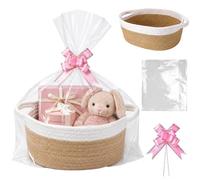 Hamper Baskets for Gifts Empty, Storage Baskets, 3 PCS Hamper Basket Set with Oval Cotton Rope Basket Cellophane Bags and Ribbons, for Wedding Birthday Housewarming Shower Party (Khaki and White)