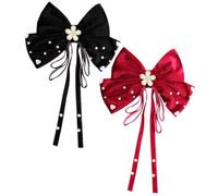 HAMPPLIES 2pcs Bow Hair Clips for Women Large Bowknot Pearl Hairpins with Alligator Clip Non Slip Fabric Hair Accessories for Autumn Winter Elegant Barrettes in Wine