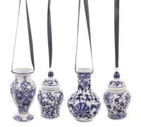 HAMPPLIES 4Pcs Blue and White Ceramic Hanging Pendant Set, Jingdezhen Porcelain Teapot Bird Cup Plate Soldier Jar, Decorative Home and Garden Ornaments, Ceramic Craft Accents