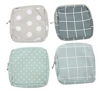 HAMPPLIES 4pcs Portable Menstrual Pad Holder Set with Zipper, Sanitary Napkin Storage Pouch for Travel and Daily Use, Multipurpose Thickened Period Bag in Grey and Blue Plaid, Grey and Green