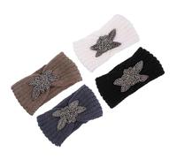 HAMPPLIES 4pcs Women’s Knitted Warm Headbands with Rhinestone Four-leaf Pattern, Wide Elastic Hairbands for Outdoor Winter Hair Accessories, Makeup and Sports Use