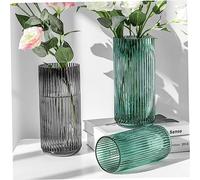 HAMPPLIES Dark Green European Style Decorative Glass Vase Vertical Grain Modern Flower Arrangement Container for Home and Office Decor Elegant Small Floral Ornament