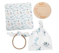HAMPPLIES Infant Swaddle Blanket Headband Set for Newborns, Eucalyptus Leaf Print, Soft Cotton Wrap Swaddle with Hat and Wooden Monthly Card, Baby Girl and Boy Receiving Blanket Four-piece Set