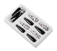 HAMPPLIES Long False Nails Fashionable Art 24pcs Coffin Shape Black Leopard Print Abs Material Full Cover Press on Nails for Women and Girls at Holiday Events and Home