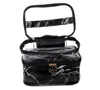 HAMPPLIES Portable Marble PVC Transparent Double Makeup Bag with Handle Travel Skincare Pouch for Cosmetics and Toiletries Lightweight Organizer for Women