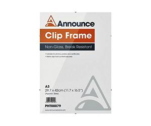 Hampton Frames CLIP Photo Poster Display Clip Frame Perspex Acrylic (Non Glass) A3 (29.7x42cm) CF3042NG