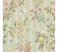 Hampton Gardens Floral and Animal Printed Classic Stripe Wallpaper Ideal for Bedrooms, Living Rooms Cozy Lounges Soft Sage Green Holden 13910