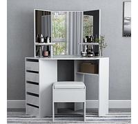 Hampton&Stewart Modern Corner Dressing Table Multi-Angle Mirror with Stool Desk 5 Drawers UK (White)
