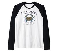 Hampton Virginia Blue Claw Crab Since 1610 Plum Letters Raglan Baseball Tee