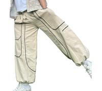 hamrohemp Handmade Cotton Patchwork Trousers, Unisex Boho Streetwear, Baggy Festival Pants with Line Detail, Beige