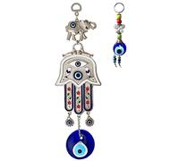 Hamsa Hand Evil Eye Wall Hanging with Keychain - Hand of Mother Fatima - Turkish Nazar Bead Amulet - Good Luck Charm Gift -Home Protection Decor, 3.54''W x 11.8''L, Glass Zinc Plastic
