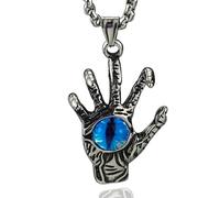 Hamsa Hand Necklace for Men, Good Luck Charm Vintage Hand of Fatima Pendant Blue Evil Eye Jewelry, Stainless Steel Vintage Evil Eye Pendant Protection Hands Triangle Necklace Gifts for Men Son