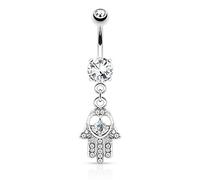 Hamsa Hand with Cz Accebts Dangle Belly Button Ring - 316L Surgical Steel 14g Dangle Navel Ring - Choose Clear, Pink, or Aqua