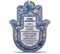 Hamsa Wall Decor Home Blessing Jerusalem Blue Oriental Design Evil Eye Protection Hamsa Hand Amulet Wall Art Hanging Ornament (English Blessing)