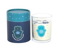 Hamsa White Rose Crystal Candle | 48 Hour Burn | Protective Spiritual Decor | Mystical Gift | Star Accent Glass Jar