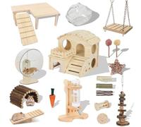 Hamster Cage Accessories & Habitat Set, Wooden Maze House, Adjustable Silent Wheel, Water Bottle Set, Wooden bench，Sand bath tub & Chew Toys, 20 Pcs Kit for Dwarf Hamster Gerbil Mouse (Upgrade)