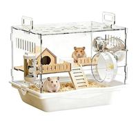 Hamster Cage Acrylic Transparent - 2 Tier Cage Set with Quiet Wheel, House & Drinking Bottle - 360° View Hamster Villa for Dwarf Hamsters & Gerbils, Deep Base Tray for High Litter