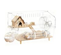 Hamster Cage Acrylic Transparent - 2 Tier Cage Set with Quiet Wheel, House & Drinking Bottle - 360° View Hamster Villa for Dwarf Hamsters & Gerbils, Deep Base Tray for High Litter