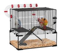Hamster Cage Black Steel & Tempered Glass 60x40x57cm Multi-Level Habitat Tunnels