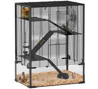 Hamster Cage Black Tempered Glass & Steel 60x40x80cm 4-Tier Play Habitat w/Wheel