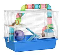 PawHut Hamster Cage, Gerbil Cage 3 Tier for Dwarf Hamster with Tube, Exercise Wheel, Water Bottle, Food Dish 59 x 36 x 47 cm- Blue